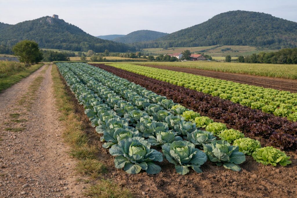 Reihen von Kohl und Salat auf einem Feld neben einem ruhigen Feldweg