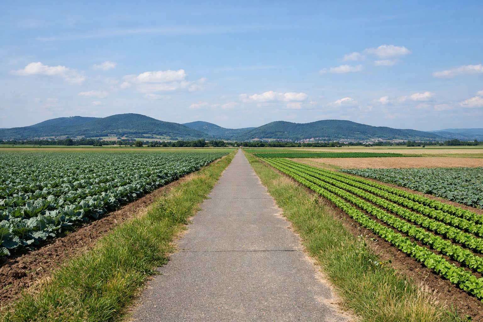Radweg zwischen Gemüsefeldern in einer weiten Ebene, flache Hügel am Horizont