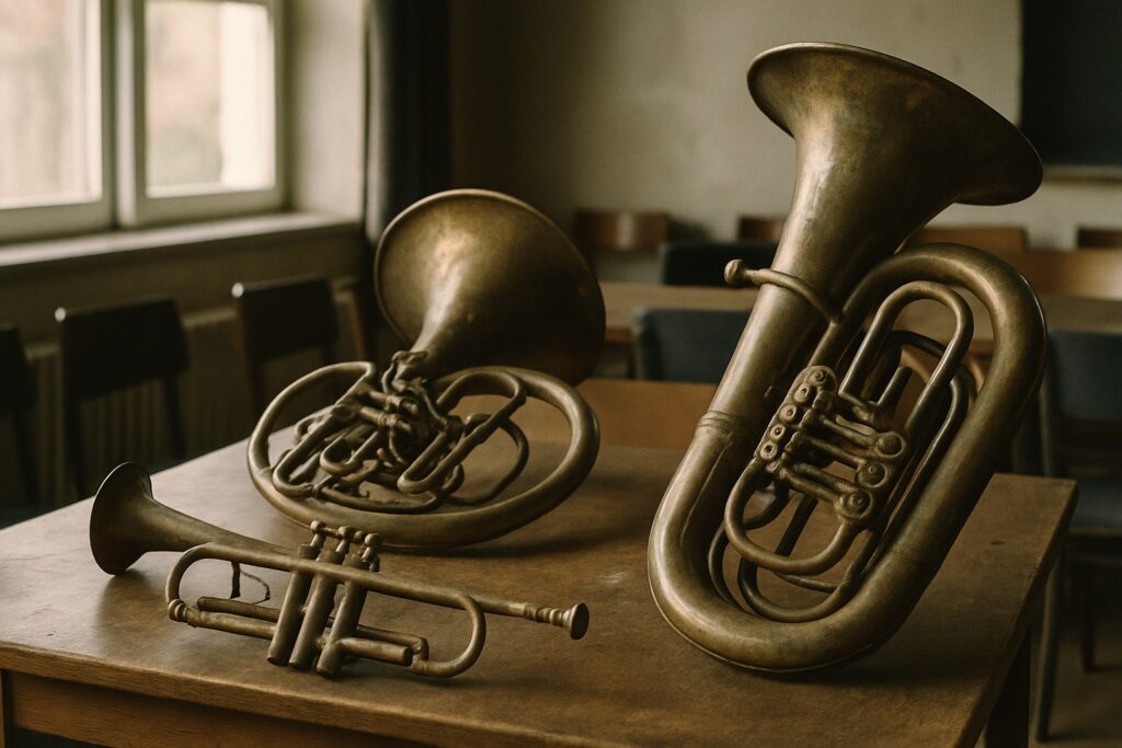 Alte Trompete, Horn und Tuba auf einem Holztisch in einem Probenraum