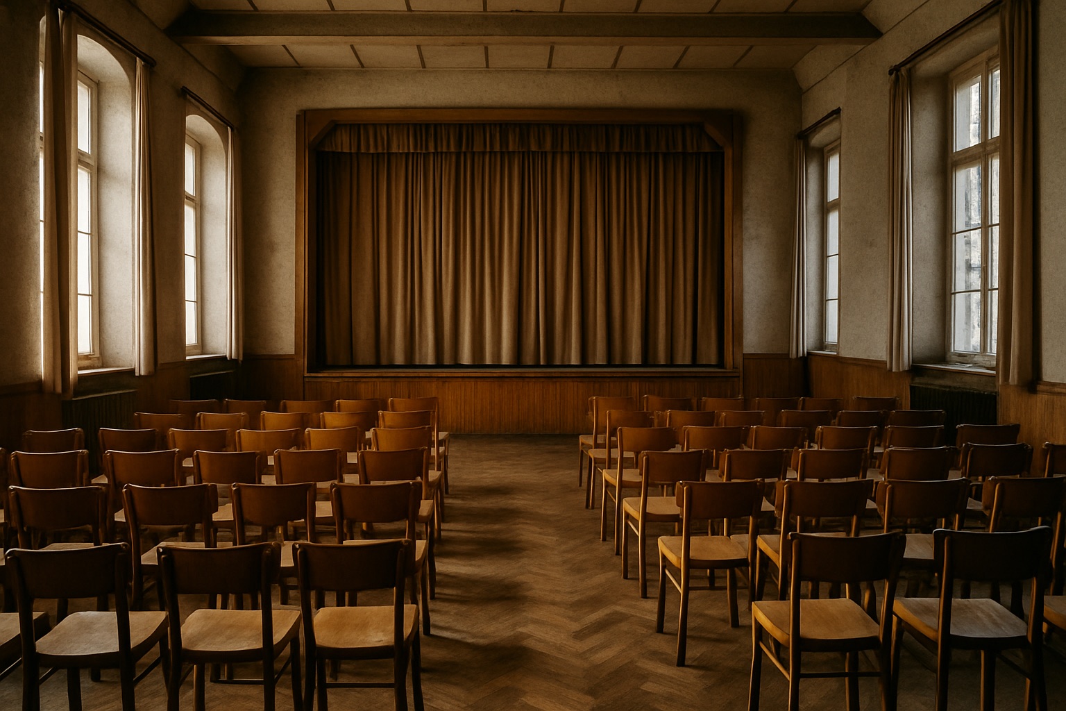 Leere Bühne mit Vorhang in einer alten Festhalle mit Holzstühlen und hohen Fenstern