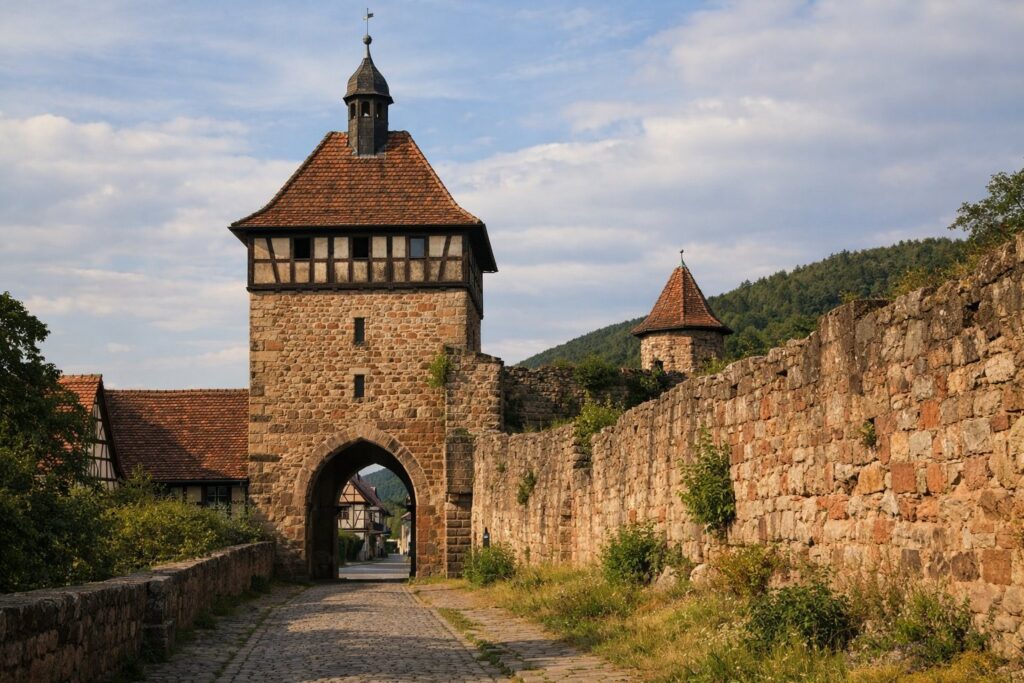 Alter Stadttorturm aus Stein mit einem Stück Stadtmauer im Nachmittagslicht