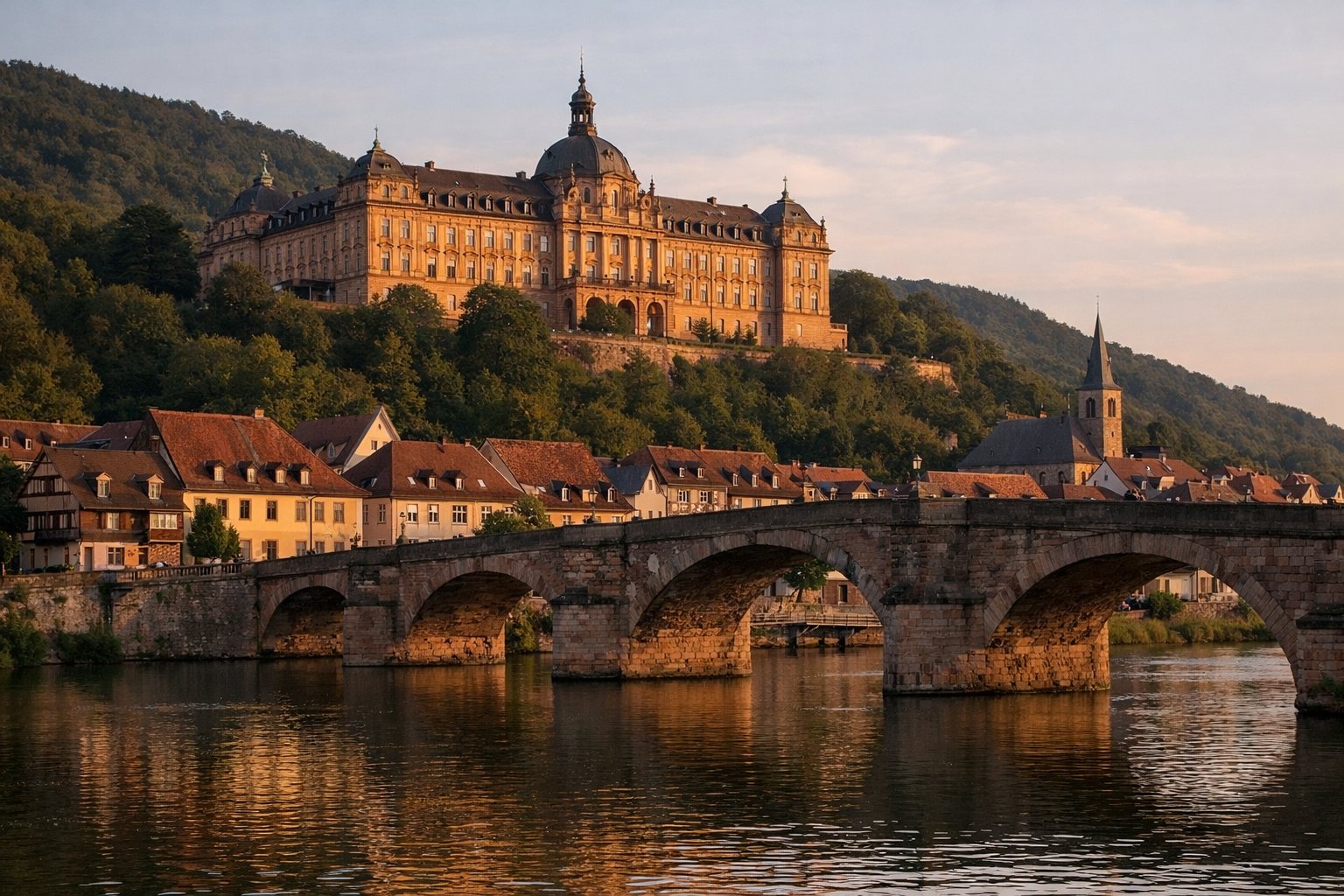 Barocke Schlossfassade über einer Flussstadt mit alter Steinbrücke im Abendlicht