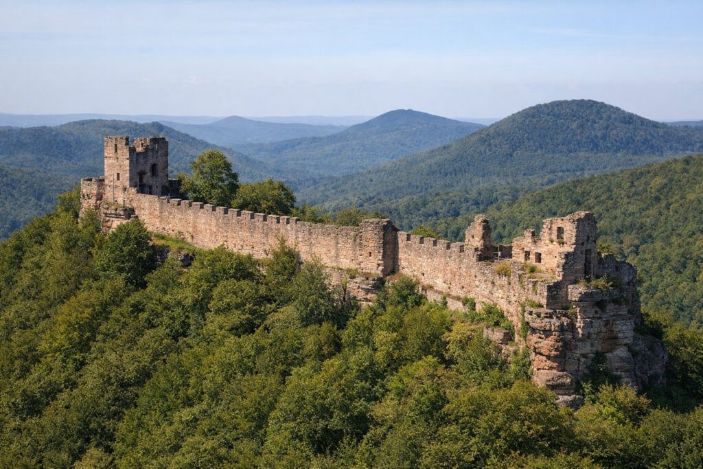 Burgruine mit langer Ringmauer auf einem Höhenrücken über grünen Hügeln