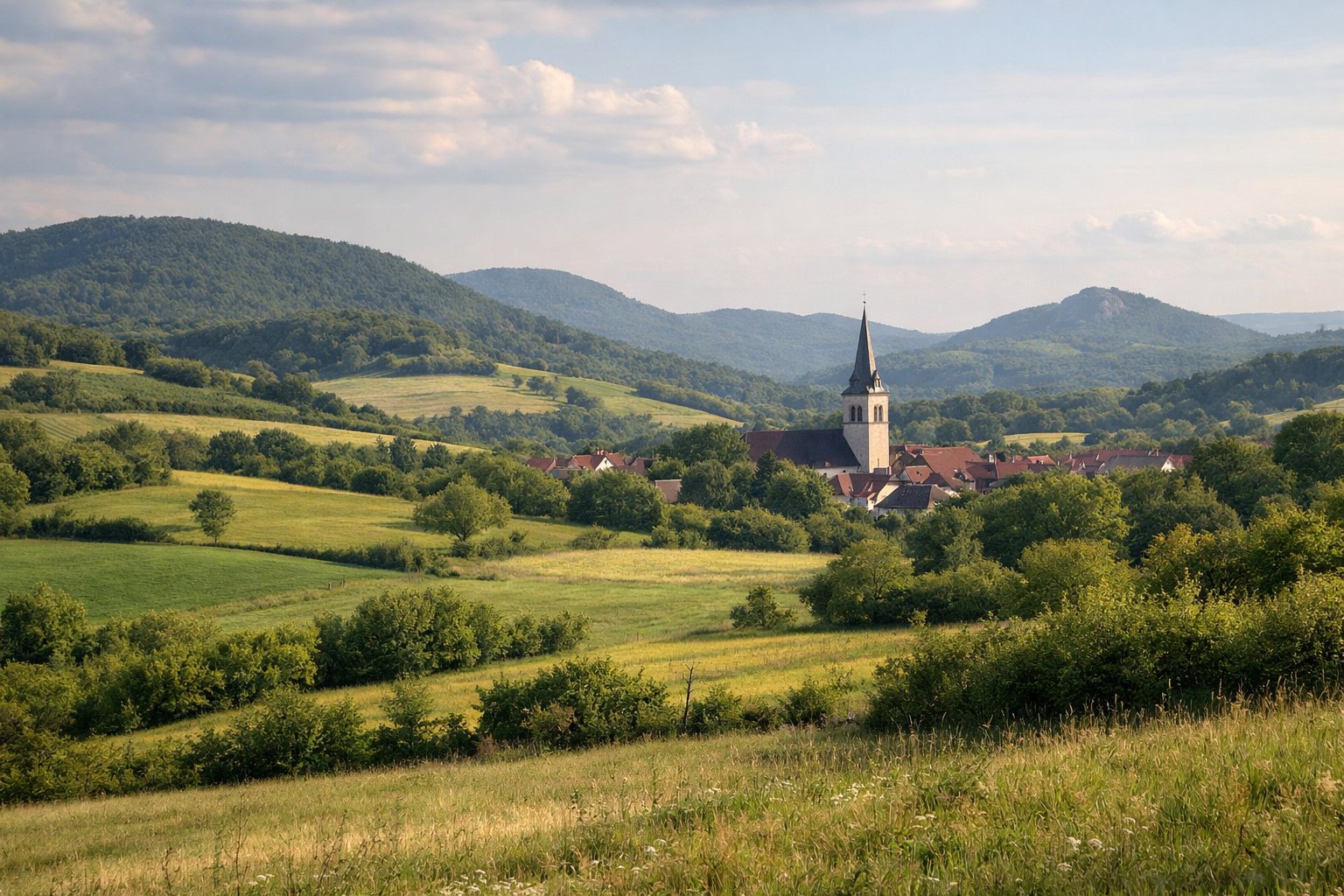 Grüne Hügellandschaft mit Wiesen, Hecken und einem Kirchturm im Nachmittagslicht