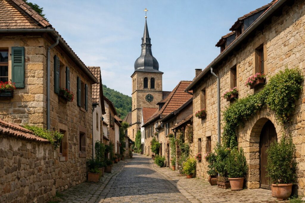 Altstadtgasse mit Steinhäusern, die zu einem Kirchturm führt