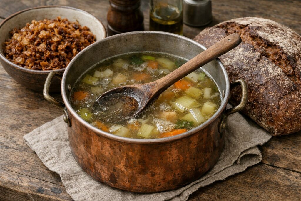 Kupfertopf mit siedender Brühe, Holzlöffel und Röstzwiebeln