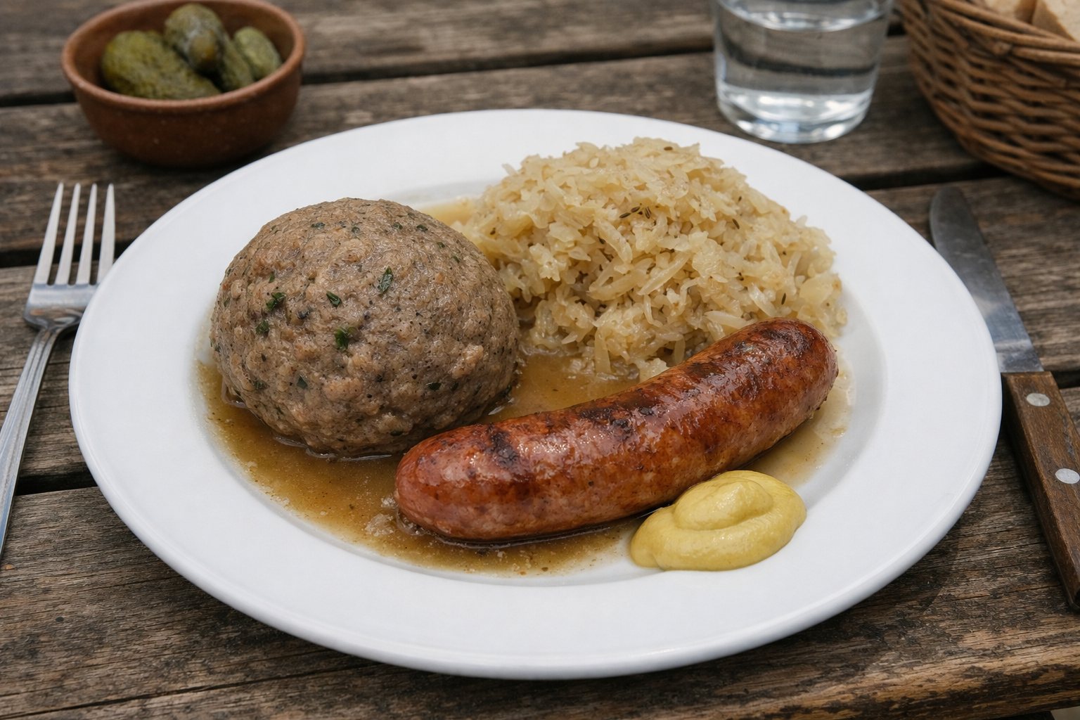 Teller mit Leberknödel, Bratwurst und Sauerkraut