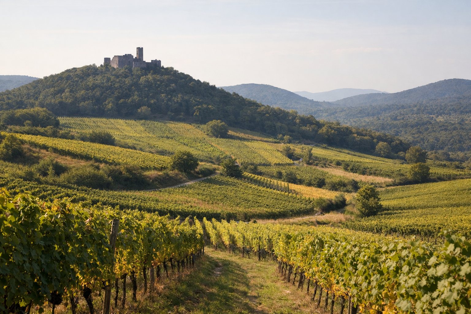 Sanfte Weinberghügel mit einer Burgruine am Horizont im Spätsommerlicht