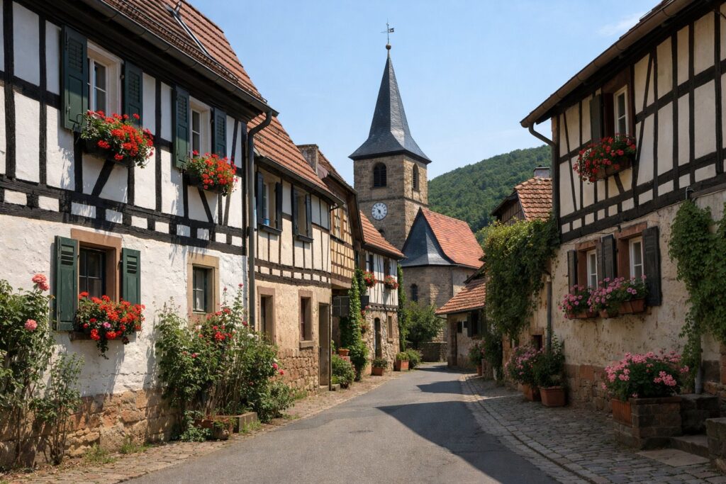 Dorfstraße mit Fachwerkhäusern, Blumen an den Fenstern und kleinem Kirchturm