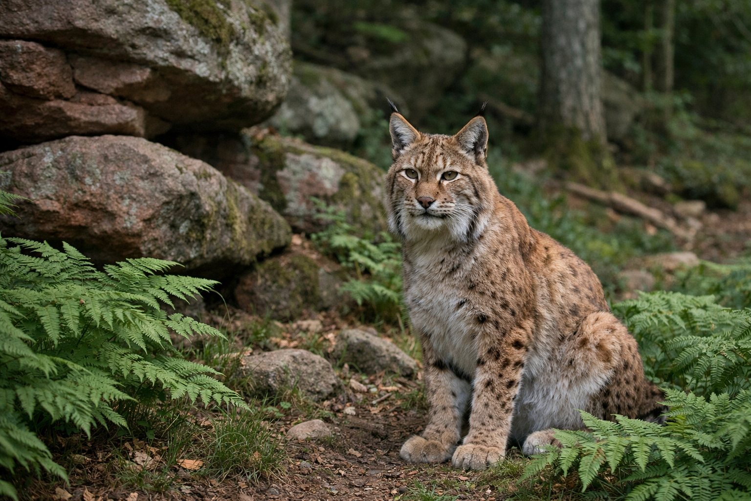 Eurasischer Luchs auf einer Waldlichtung zwischen Farnen und Sandsteinblöcken