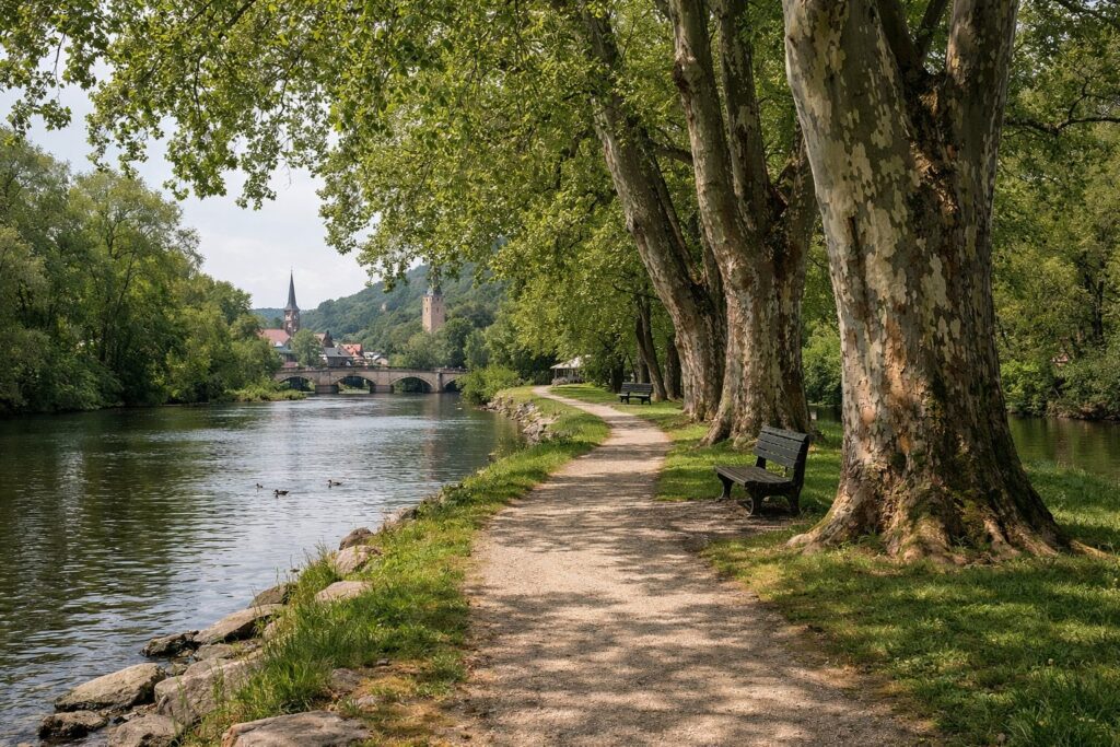 Park auf einer Rheininsel mit alten Platanen und Uferweg