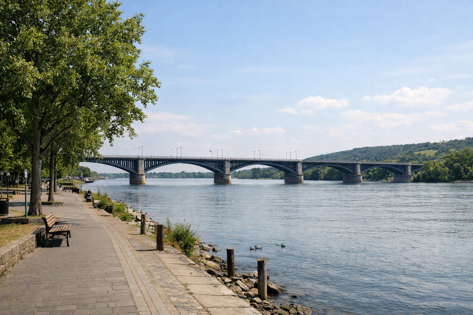 Rheinpromenade mit Bäumen und einer langen Brücke über den Fluss