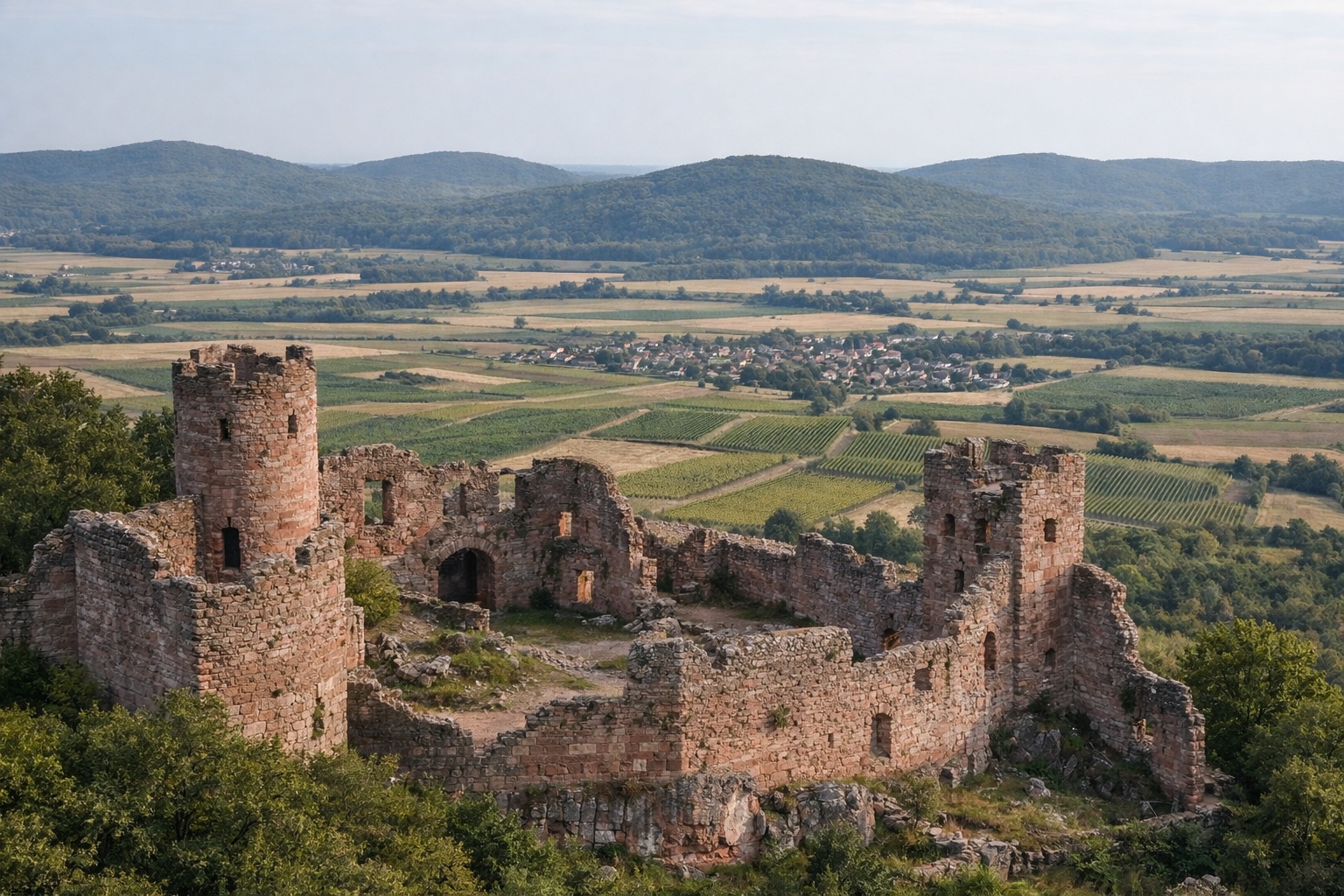 Große Burgruine aus rotem Sandstein mit Türmen und Mauerresten am Waldrand über Feldern und Reben