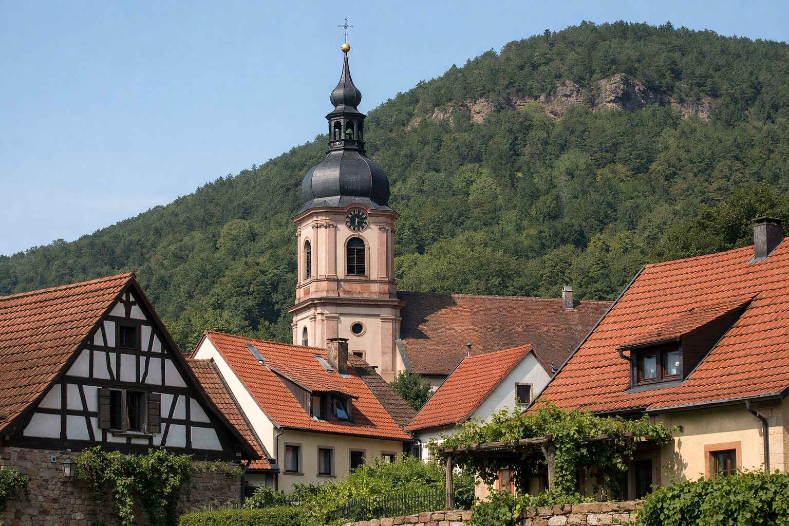 Barocker Kirchturm und Winzerhäuser vor einem bewaldeten Berghang
