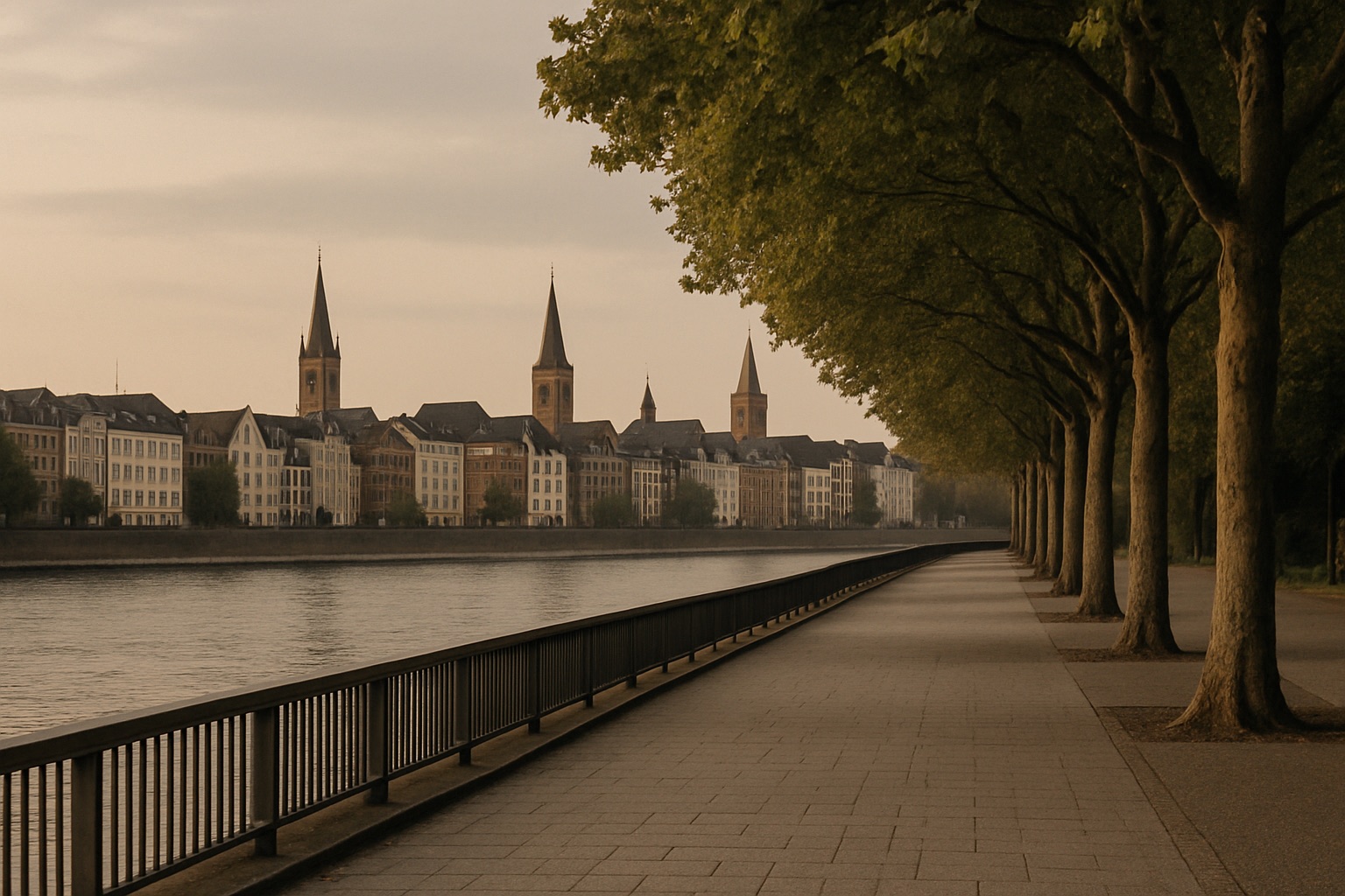 Rheinpromenade mit Platanen, dahinter eine Altstadtsilhouette mit mehreren Kirchtürmen am Abend
