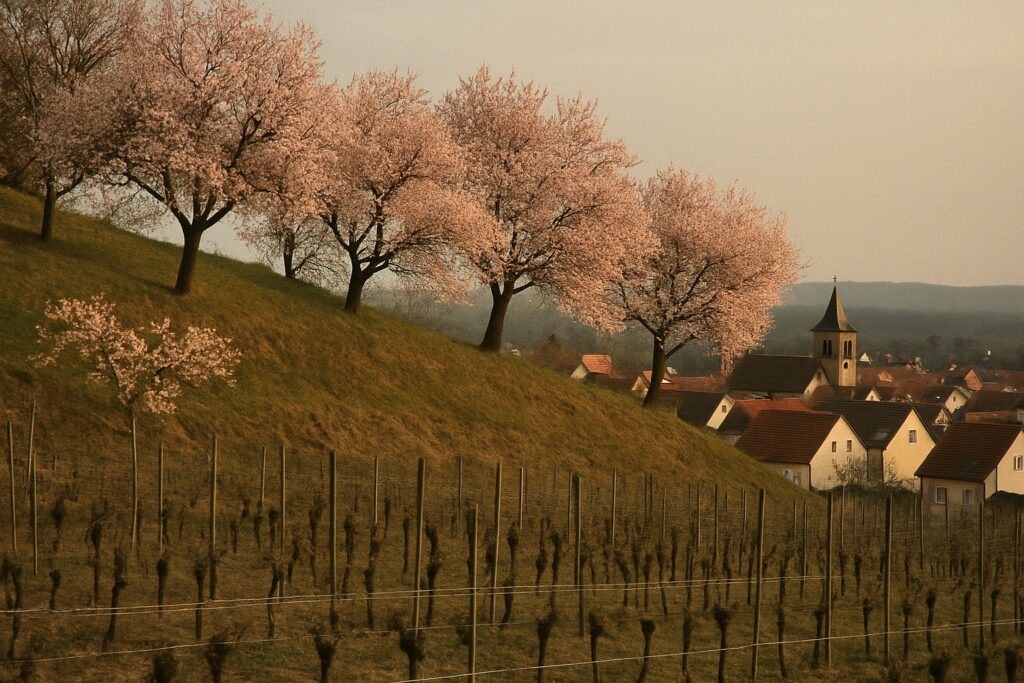 Blühende Mandelbäume am Hang über einem Dorf mit Kirchturm, darunter kahle Reben