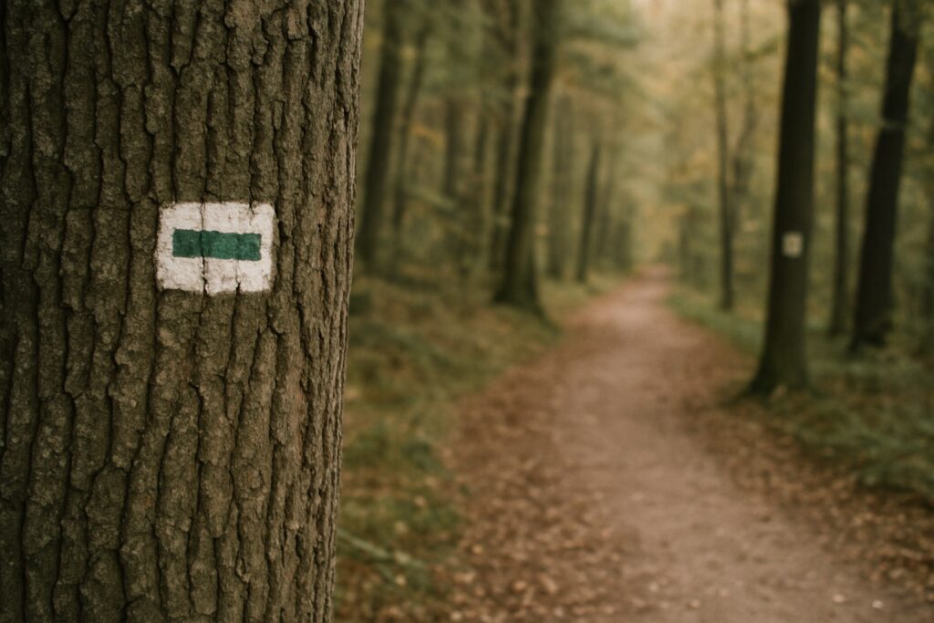 Grüner Balken auf weißem Feld an einem Baumstamm, dahinter ein Waldweg mit einem weiteren, unscharfen Zeichen