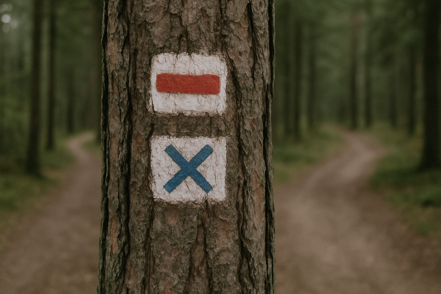 Zwei gemalte Wegzeichen auf weißem Grund an einem Baumstamm, ein roter Balken und ein blaues Kreuz, dahinter eine Weggabel im Wald
