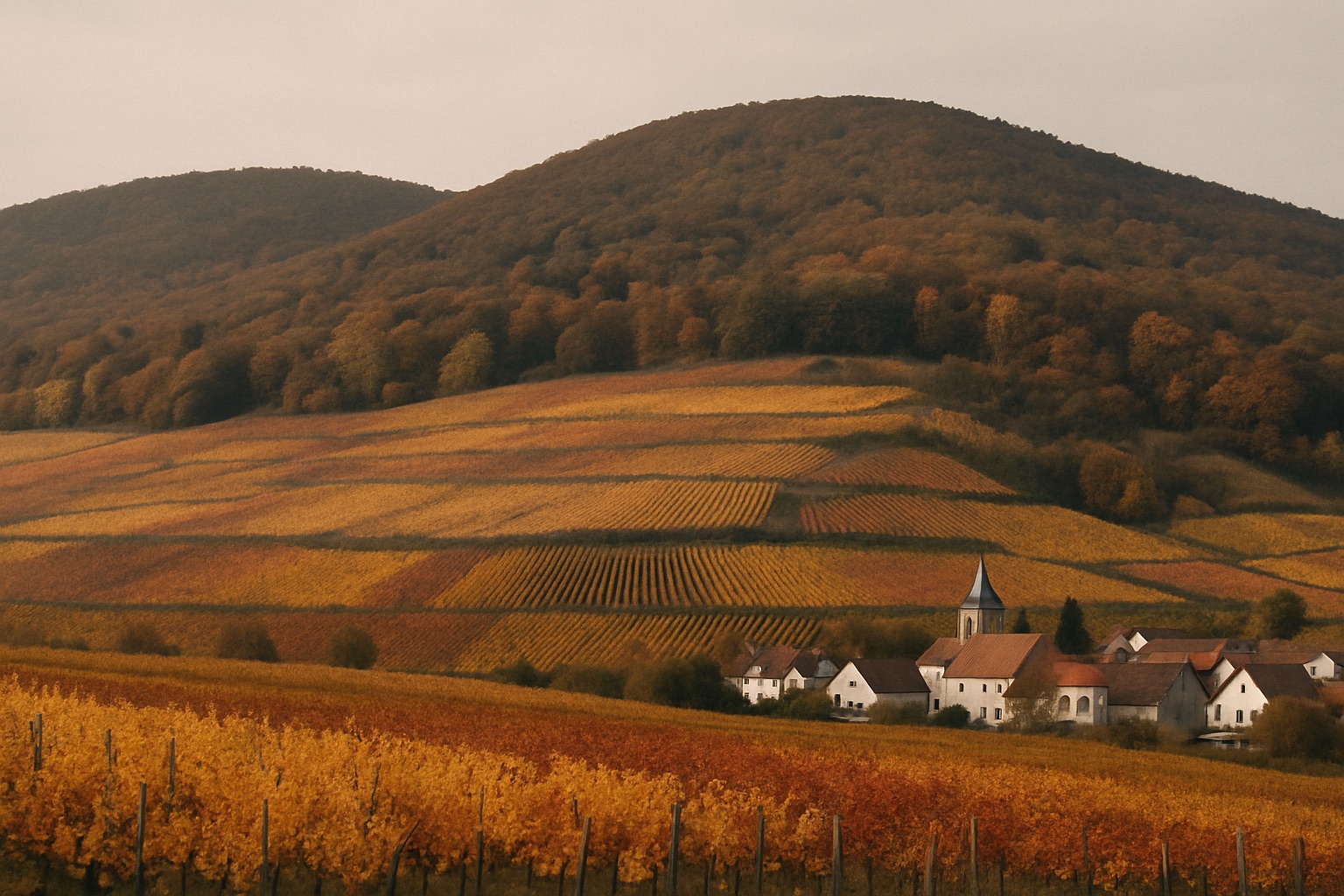 Rebterrassen in Gelb, Orange und Rostrot unter der bewaldeten Haardt, unten ein kleines Dorf