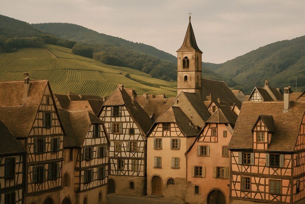 Elsässisches Fachwerkdorf vor Rebhängen und niedrigen Waldhügeln