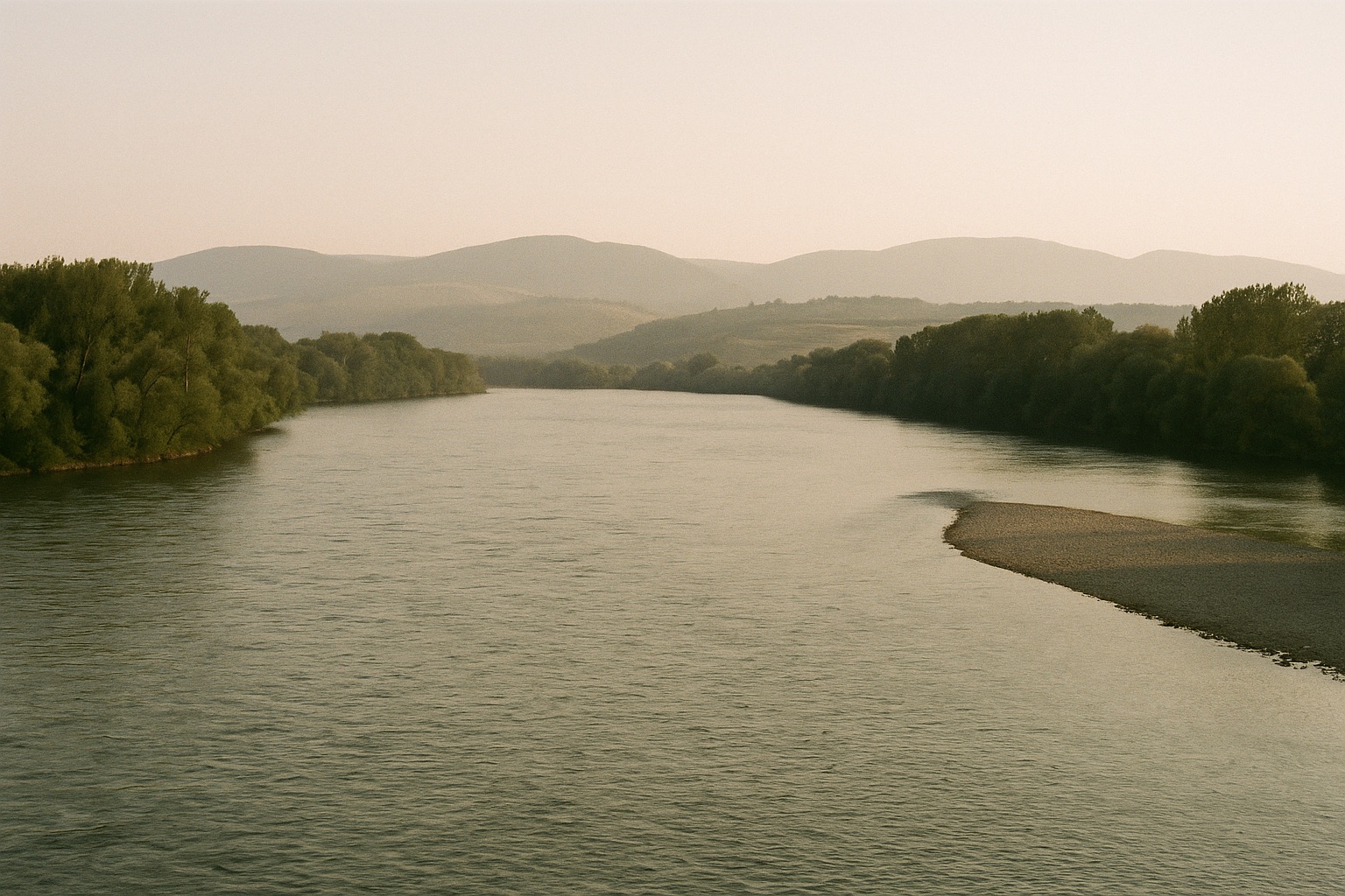 Breiter Rhein mit Auwald an beiden Ufern, einer Kiesbank und Hügeln im Abenddunst