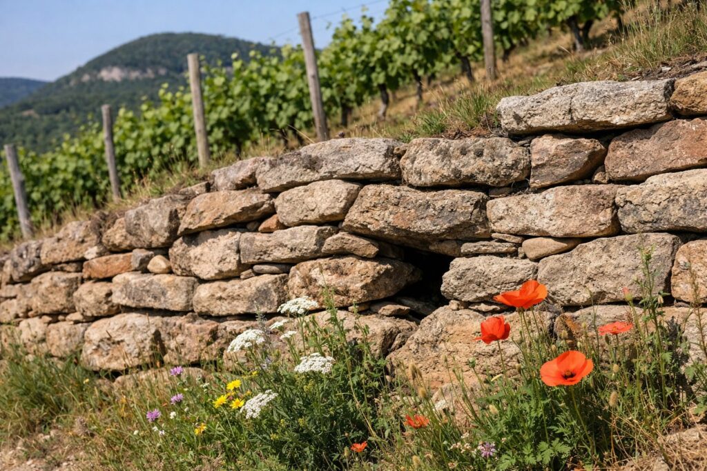 Sonnige Trockenmauer im Weinberg mit Wildblumen