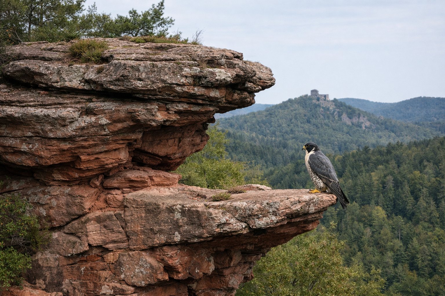 Rote Sandsteinfelsen im Mischwald, ein Wanderfalke auf der Felskante
