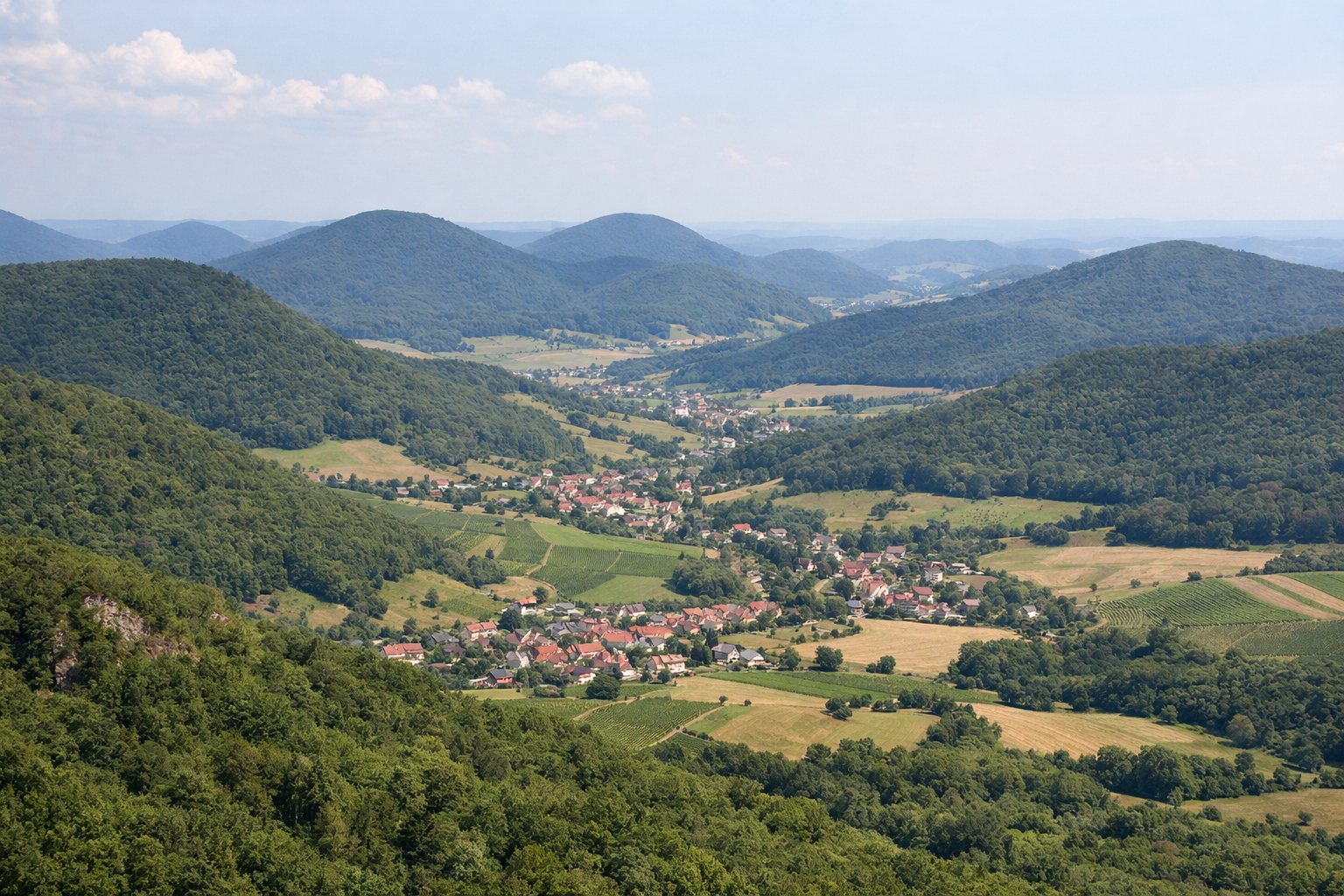 Sanfte Hügel mit bewaldeten Kuppen, kleinen Tälern und Dörfern