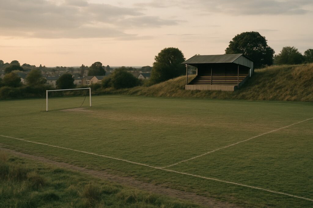 Alter Fußballplatz mit kleiner Holztribüne am Stadtrand am Abend