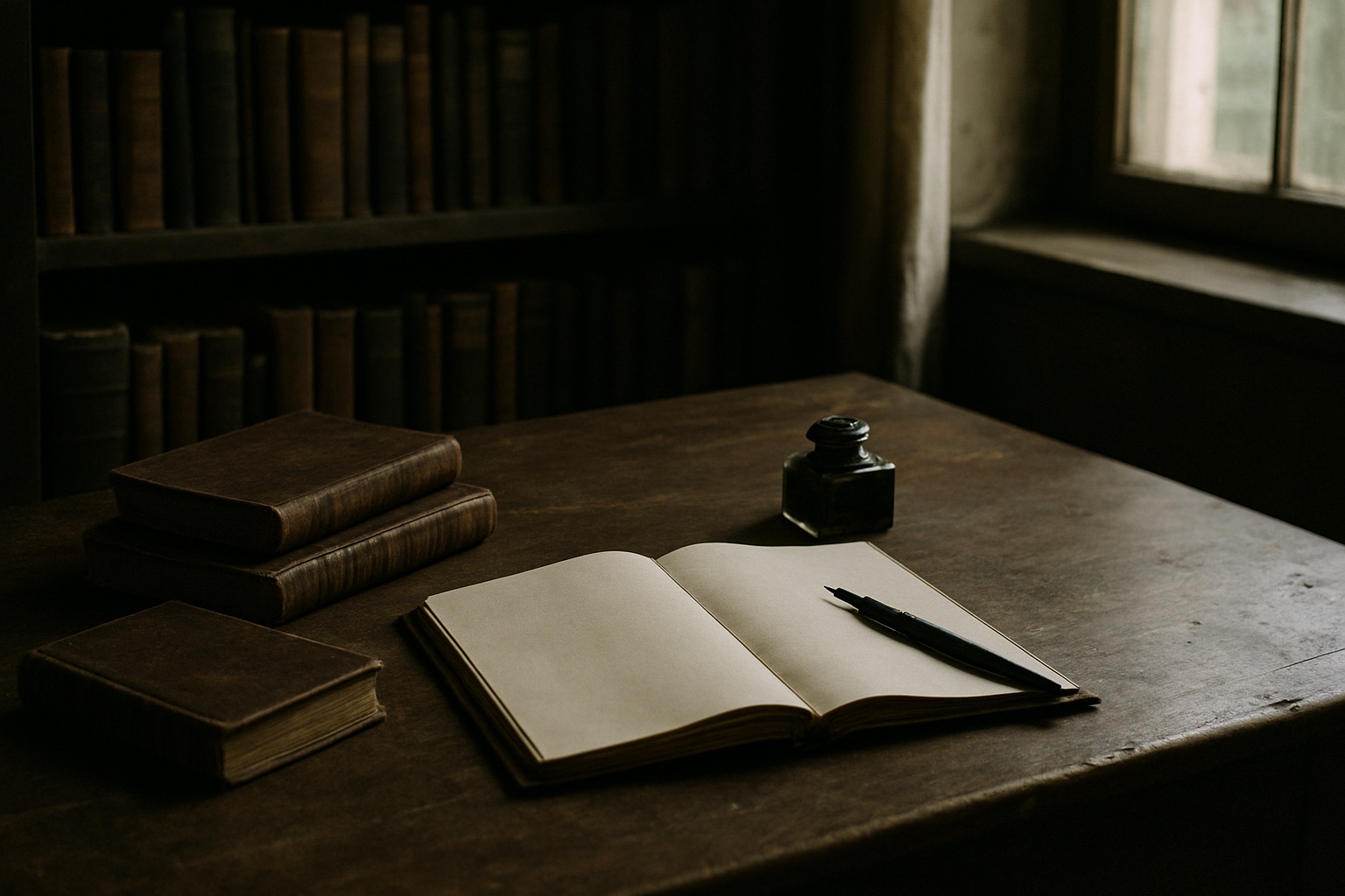 Stillleben: Holzschreibtisch mit Büchern, aufgeschlagenem leerem Notizbuch, Tintenfass und Füller