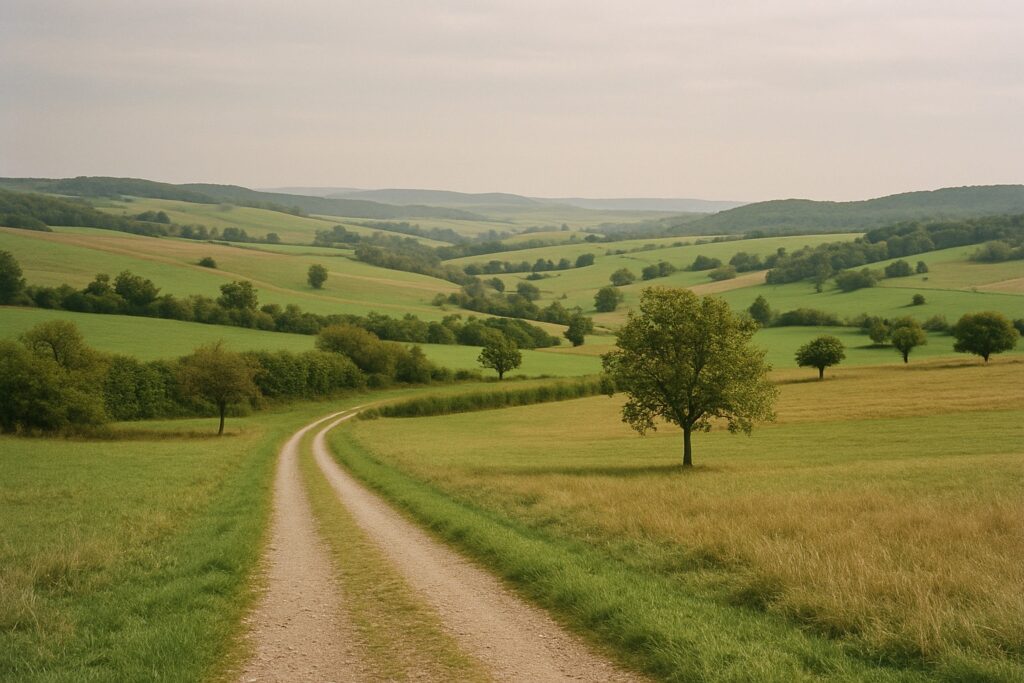 Wiesen, Hecken und Obstbäume an einem Schotterweg im Nordpfälzer Bergland im Frühherbst