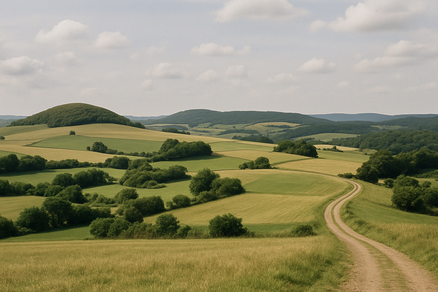 Offene Kuppenlandschaft mit Feldern, Hecken und Waldinseln, ein Feldweg über einen sanften Rücken