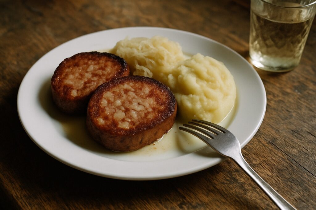 Zwei gebratene Scheiben Saumagen mit Sauerkraut und Kartoffelbrei auf einem weißen Teller