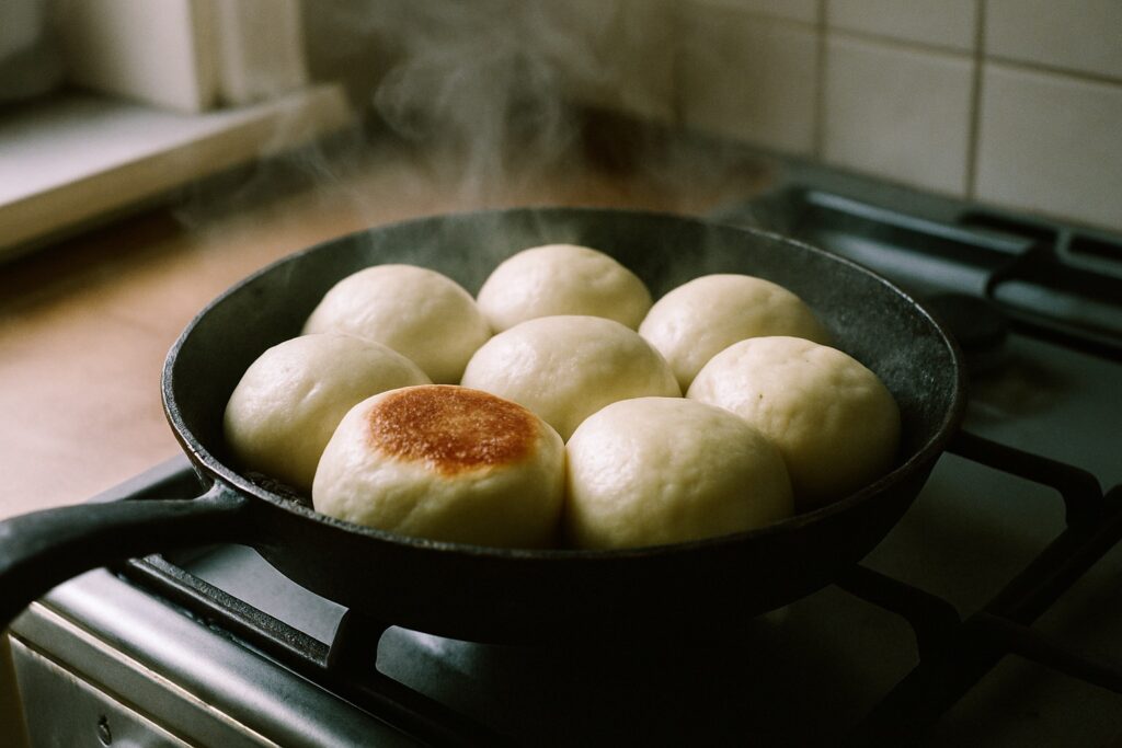 Gusseiserne Pfanne mit Dampfnudeln mit goldbrauner Salzkruste, eine umgedreht