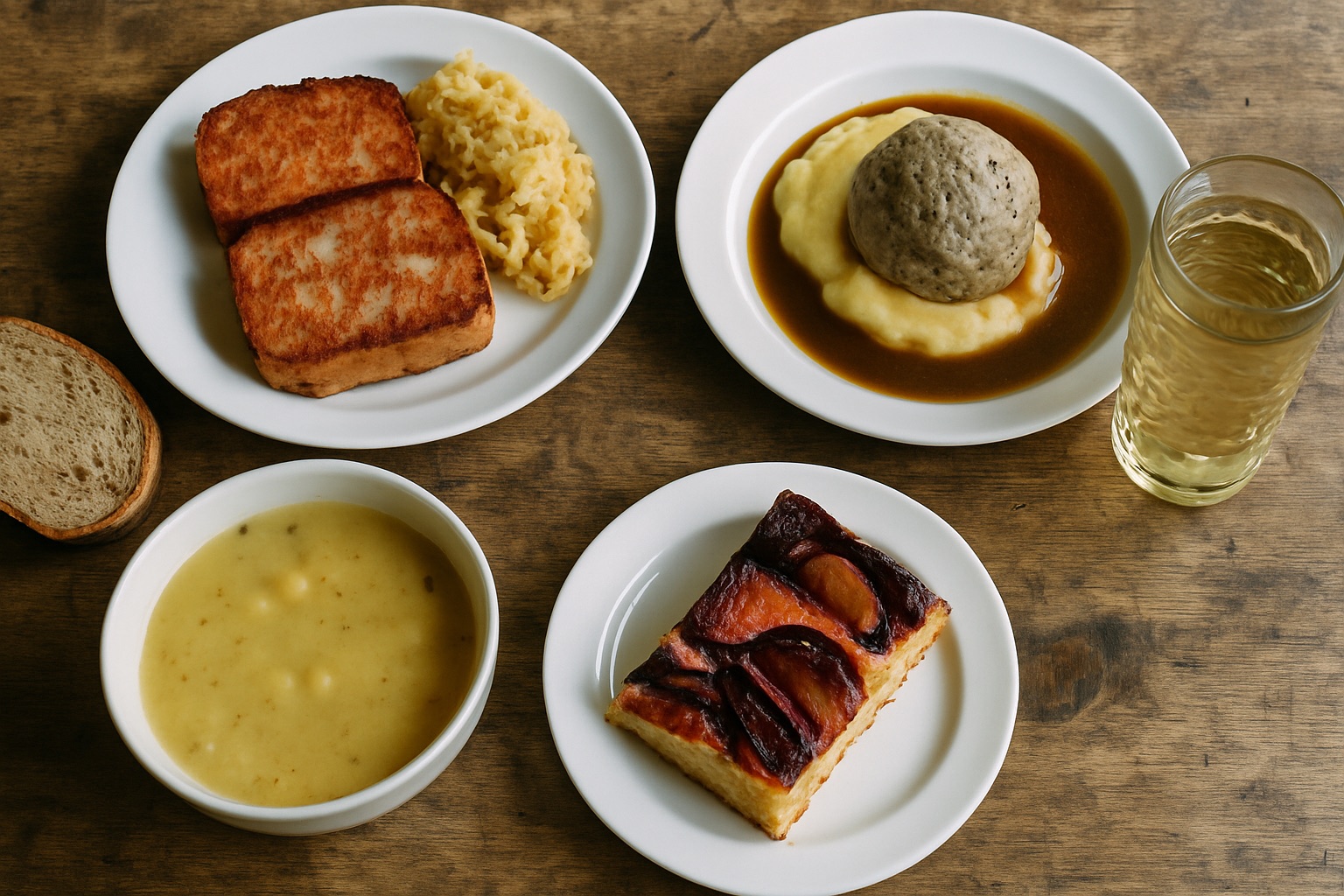 Holztisch von oben mit Saumagen und Sauerkraut, Leberknödel mit Kartoffelbrei, Kartoffelsuppe, Zwetschgenkuchen, Brot und einem Dubbeglas Schorle