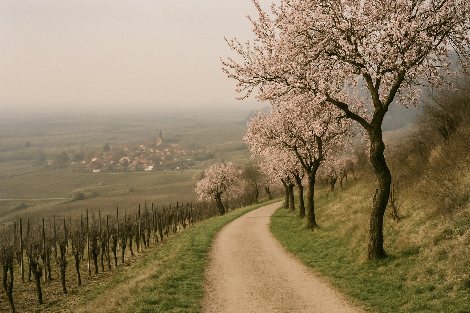 Hangweg mit blühenden Mandelbäumen über kahlen Reben, Blick auf ein Dorf und die Rheinebene im Dunst