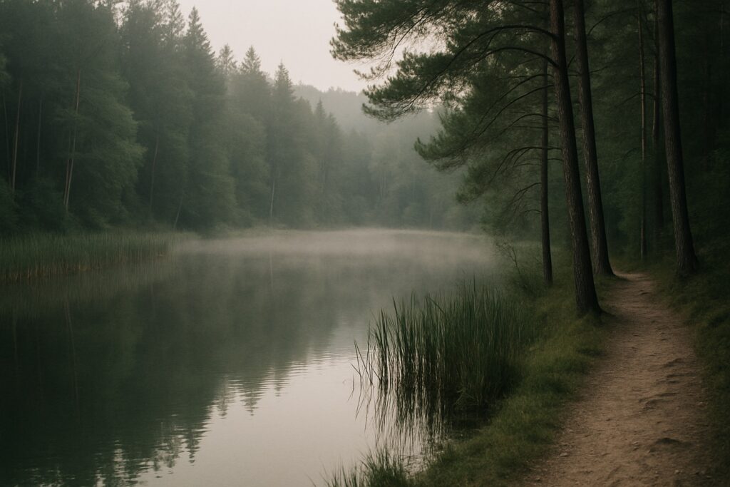 Dunkler Waldweiher mit Schilf und Kiefern im Morgennebel, ein Pfad am Ufer