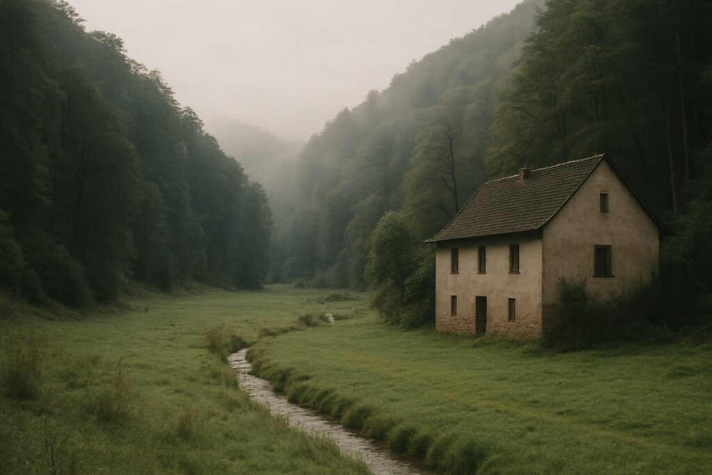 Schmales Wiesental mit Bach und einem alten Bauernhaus am Waldrand, steile bewaldete Hänge im Morgennebel