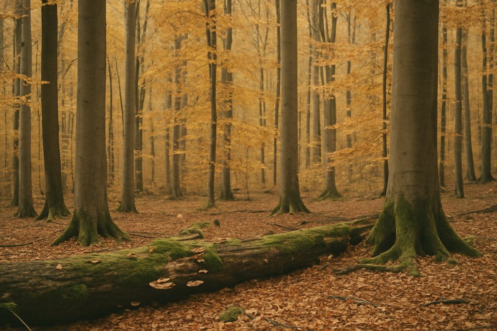 Alter Buchenwald im Herbst mit einem bemoosten liegenden Stamm und Pilzen am Boden