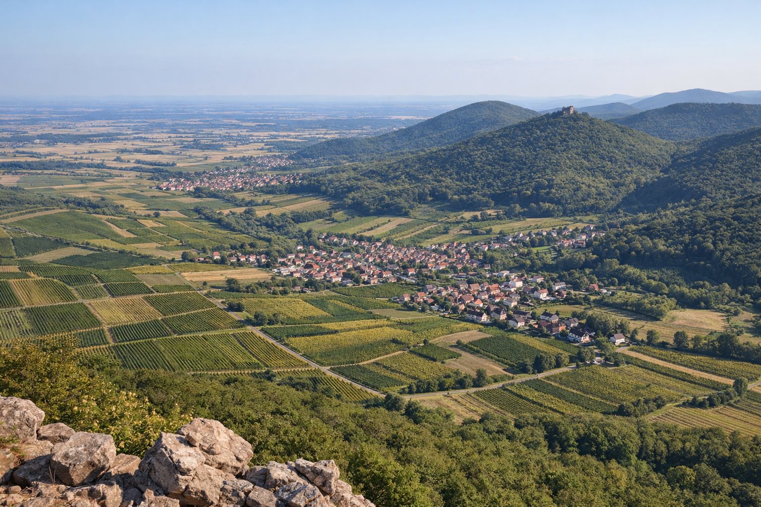 Weitblick über Weinberge, Dörfer und bewaldete Hügel von einem Aussichtspunkt