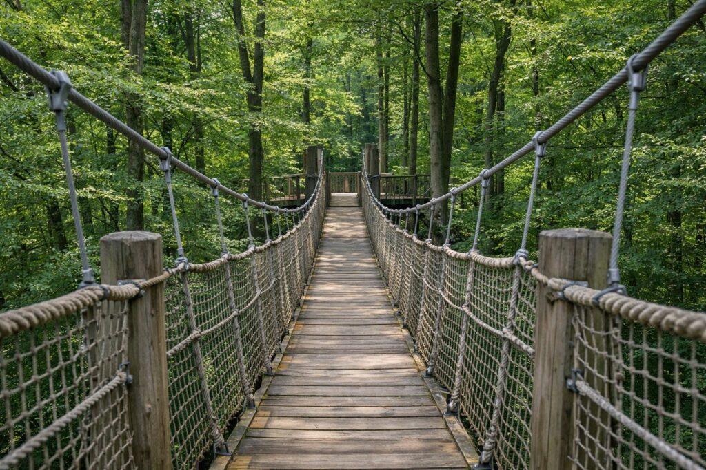 Hängebrücke aus Holz auf einem Baumwipfelpfad im Buchenwald