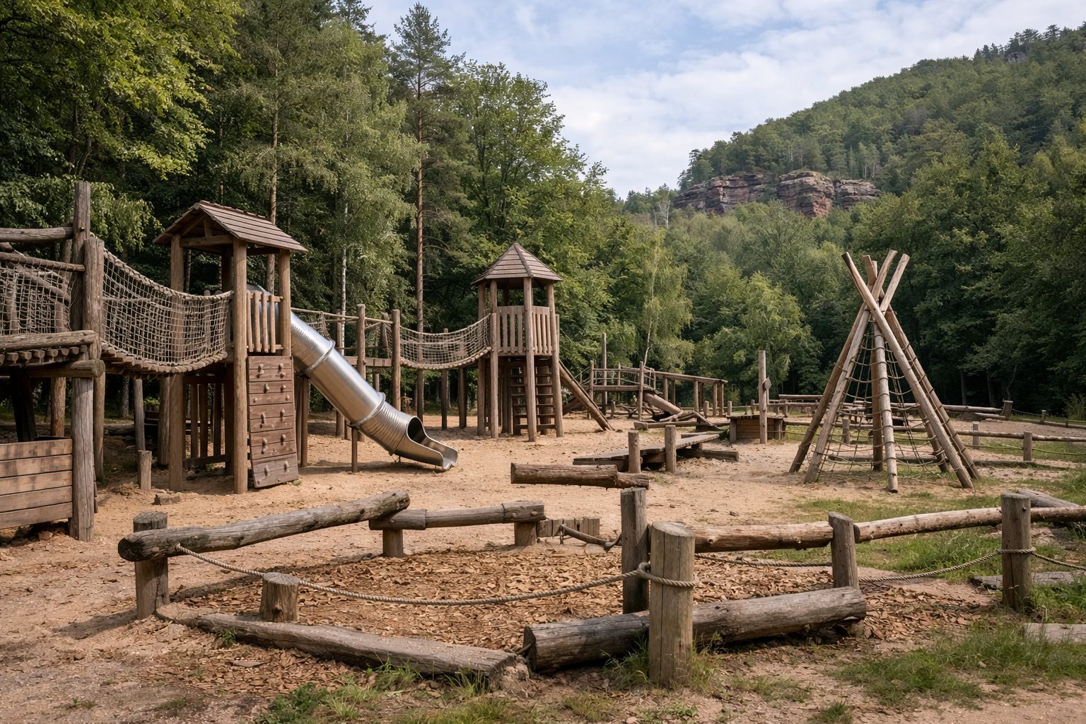 Abenteuerspielplatz aus Holz auf einer Waldlichtung