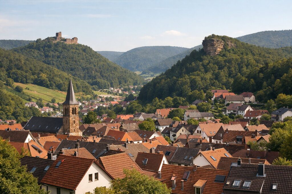 Blick über die Dächer einer Hangstadt am Rand der bewaldeten Sandsteinlandschaft