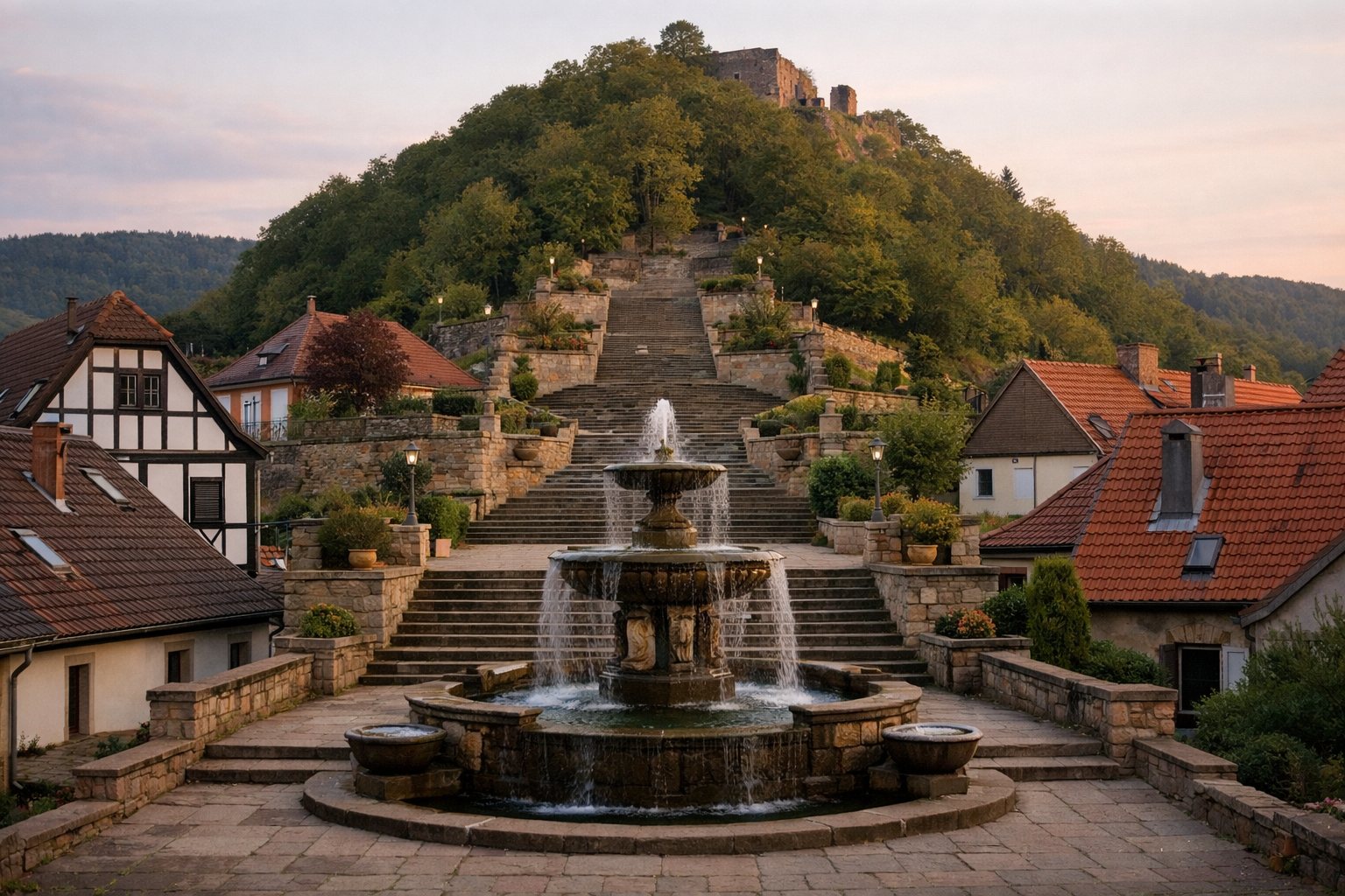 Breite Treppenanlage mit Terrassen und Brunnen an einem Hang, Stadtdächer ringsum im Abendlicht