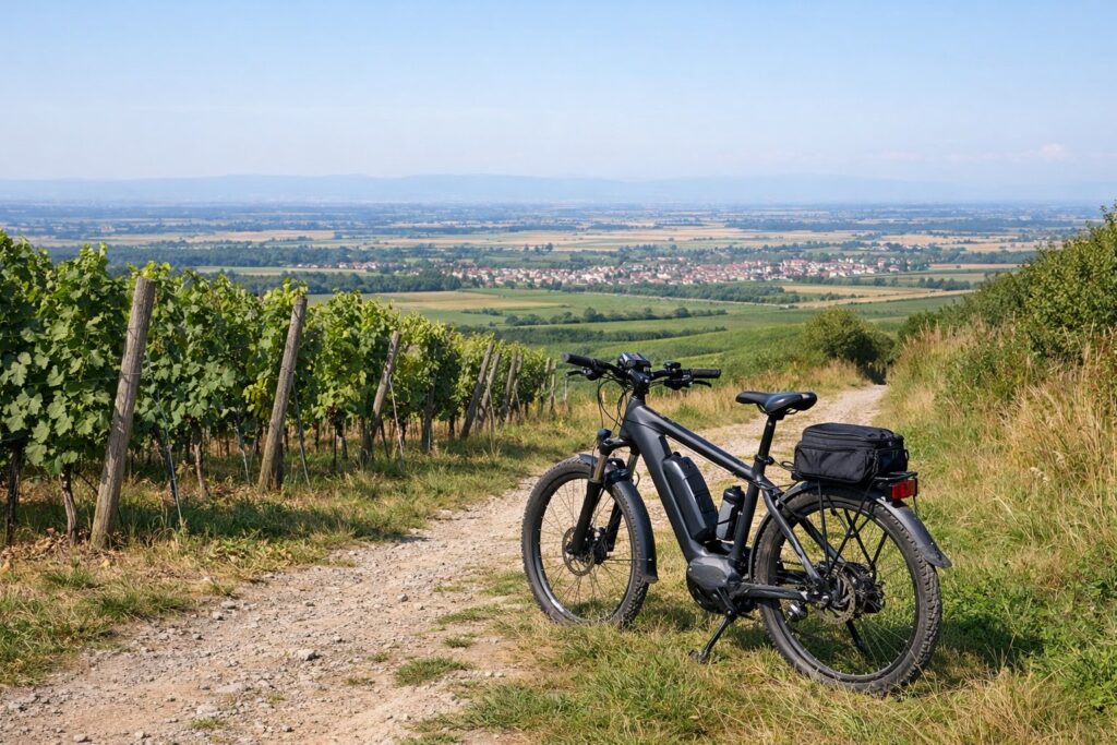 E-Bike an einem Wirtschaftsweg im Weinberg mit Blick über die Rheinebene