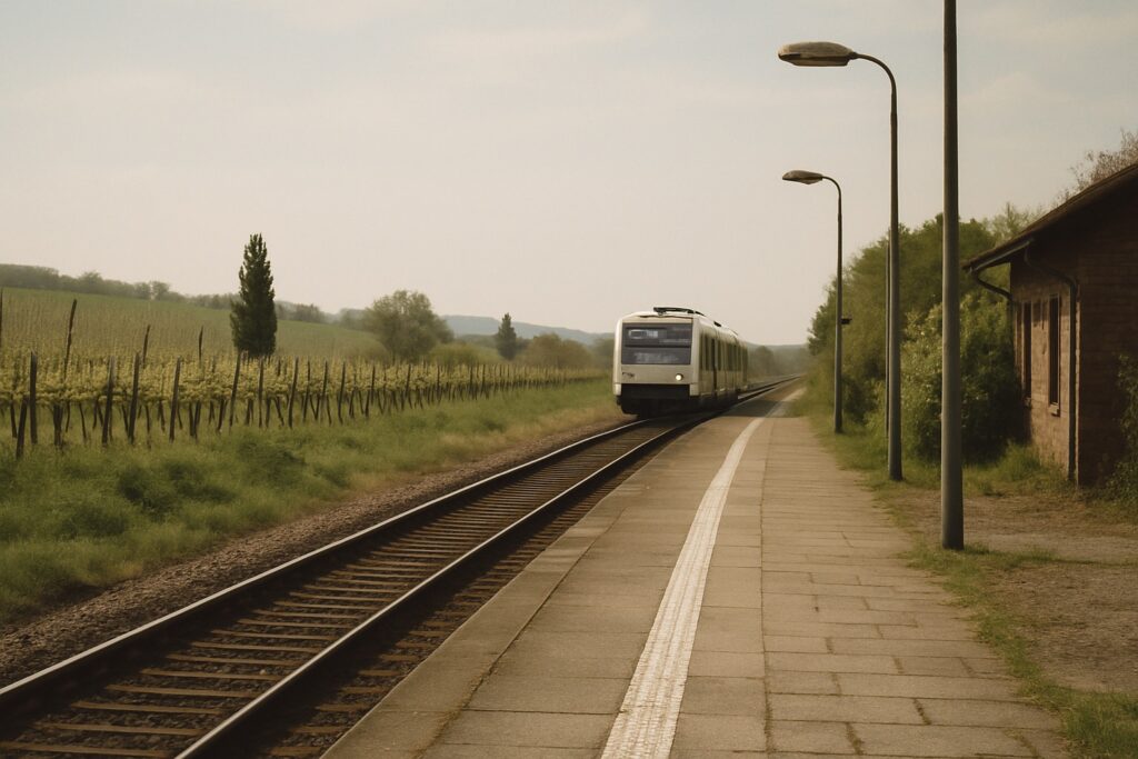 Kleiner Bahnsteig an einem eingleisigen Bahnhof vor Weinbergen, ein Regionalzug ohne Logo nähert sich