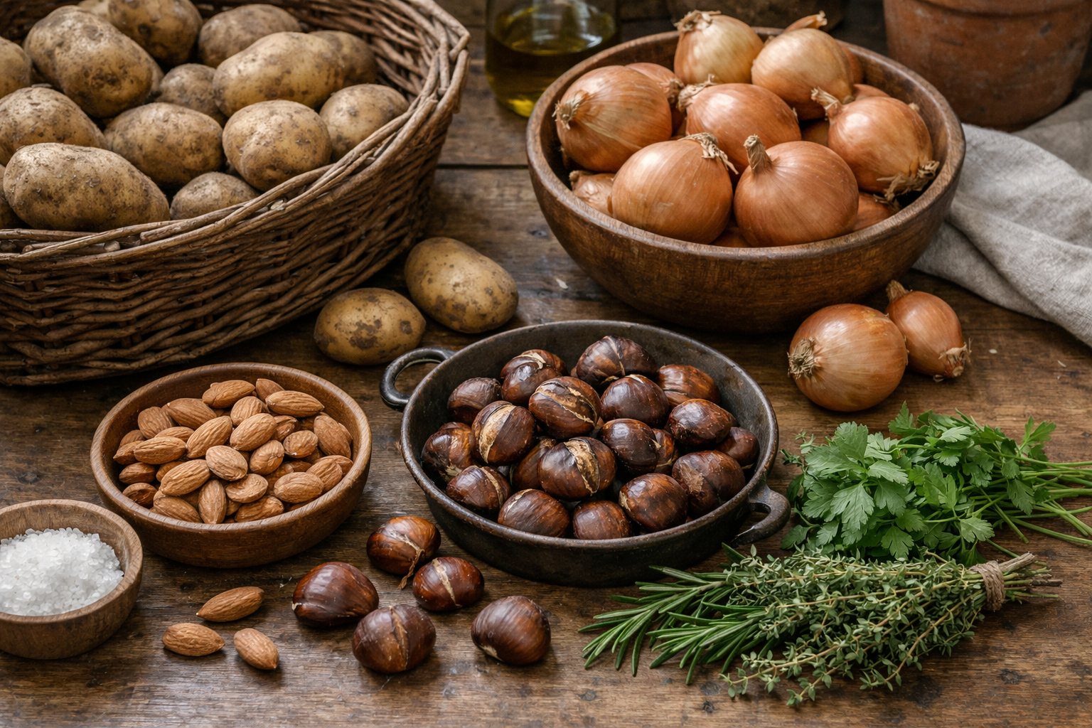 Küchentisch mit Kartoffeln, Zwiebeln, Mandeln, Kastanien und Kräutern