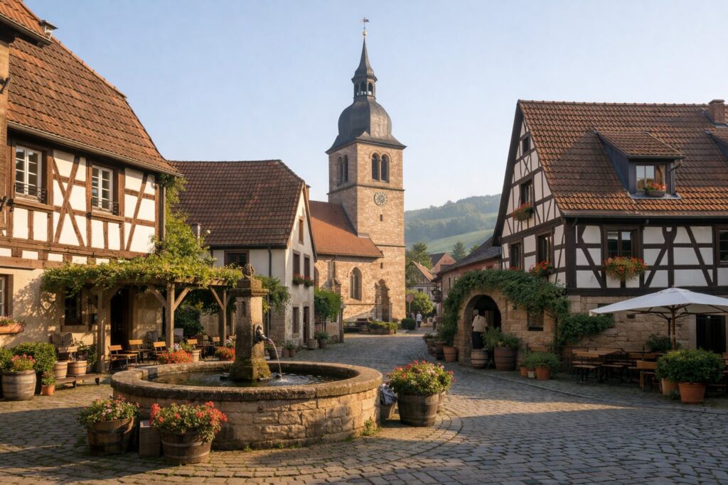 Kleiner Marktplatz eines Weinorts mit Fachwerk und Kirchturm