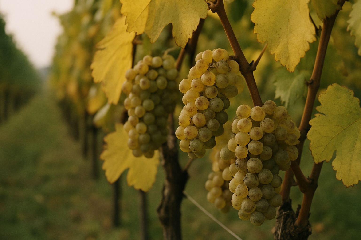 Rieslingreben im Oktober mit kleinen goldgrünen Trauben, teils von Edelfäule gefleckt, halb hinter gelbem Laub