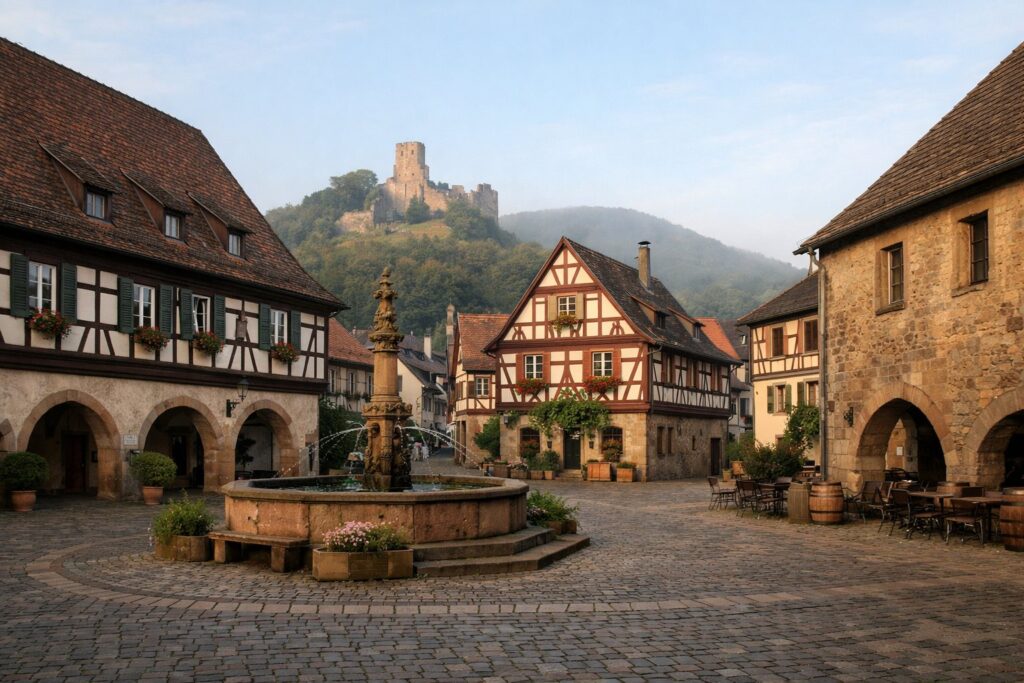 Altstadtplatz mit Fachwerkhäusern am Morgen